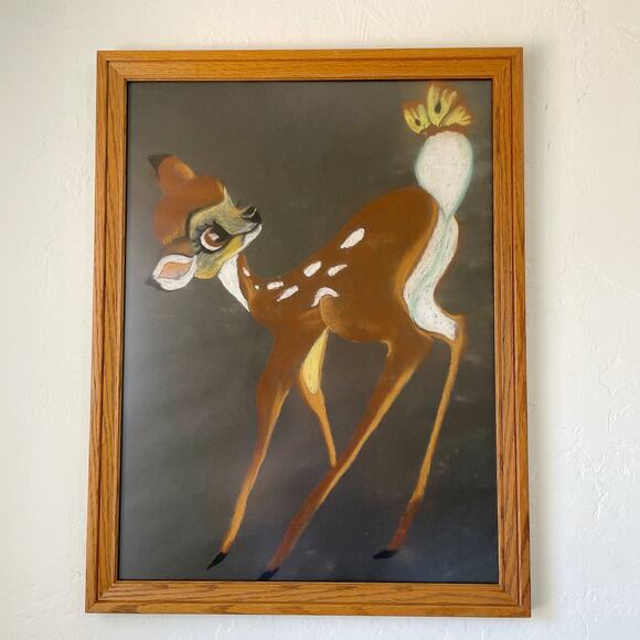 Vintage Original Chalk Pastel Drawing Bambi Deer Fawn Framed - Picture 1 of 9